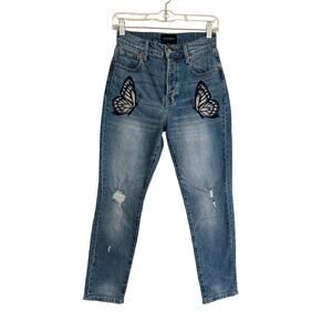 Lucky Brand Butterfly Embroidered Jeans High Rise Drew Mom Taper Size 25
